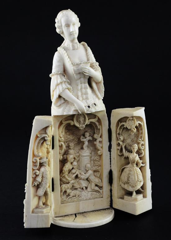 A 19th century Dieppe carved ivory triptych figure, 8in.